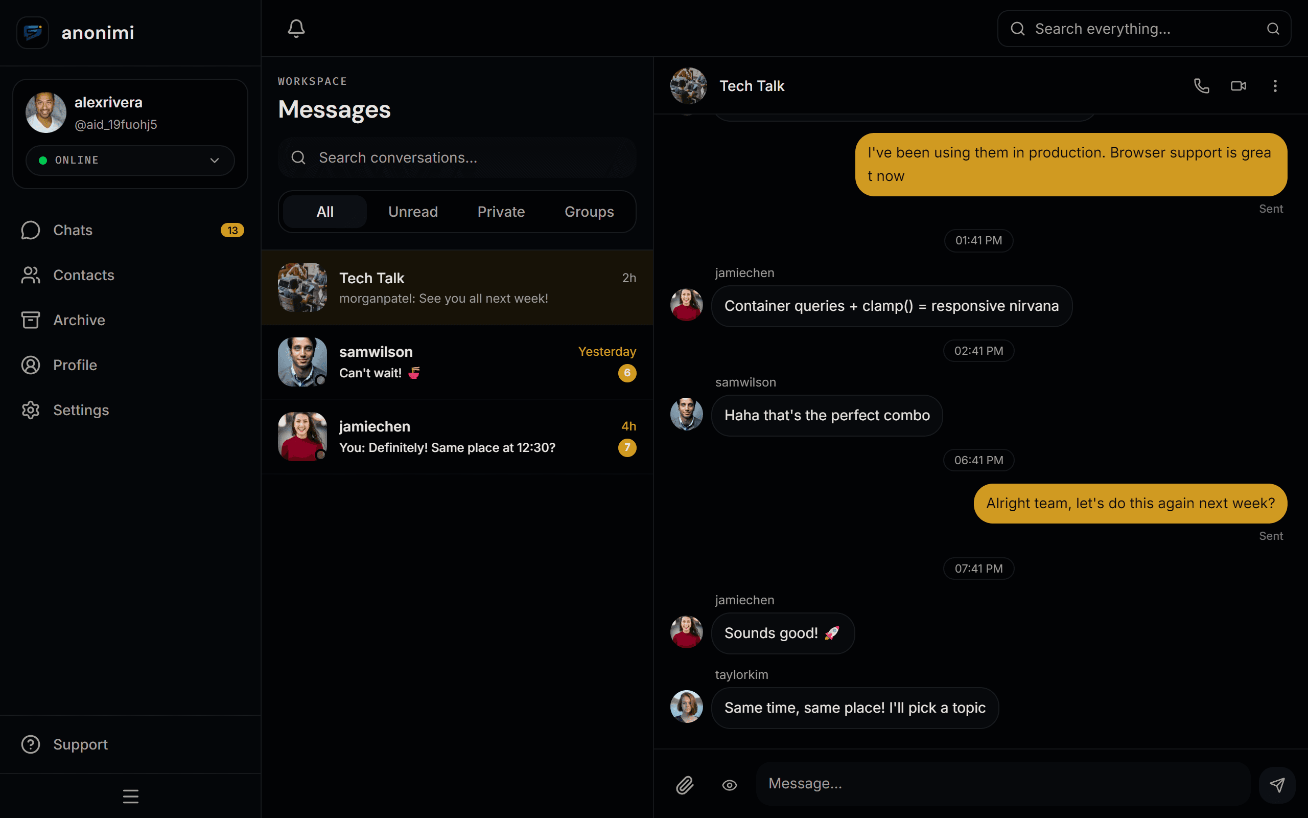 anonimi messaging dashboard preview